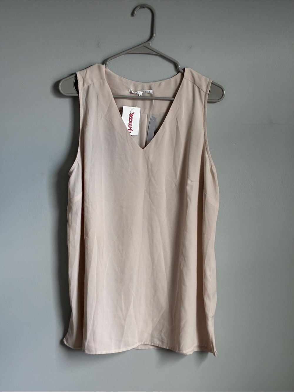 Violet & Claire Sleeveless V-Neck Blouse in Light Beige